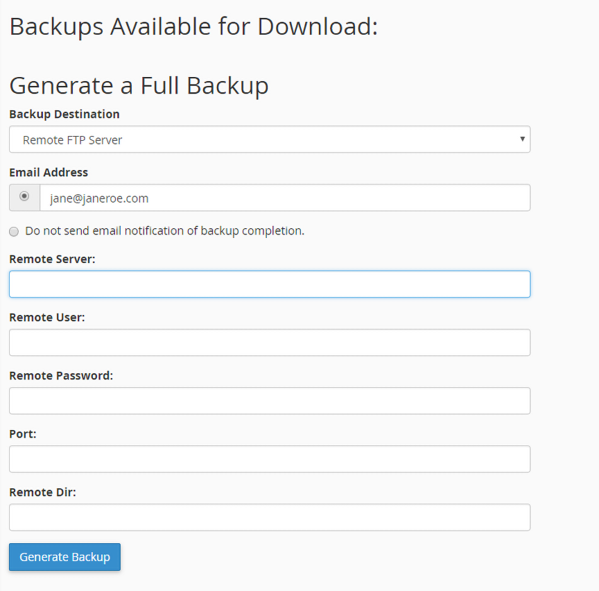 remote backup server configuration settings